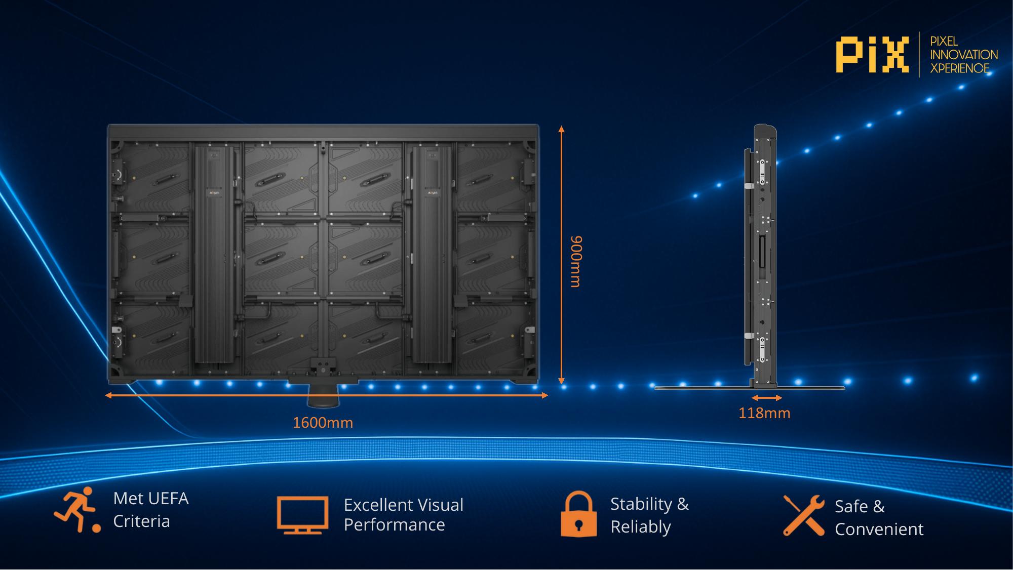 Panel dimensions 1600x900x118mm with UEFA certification marks