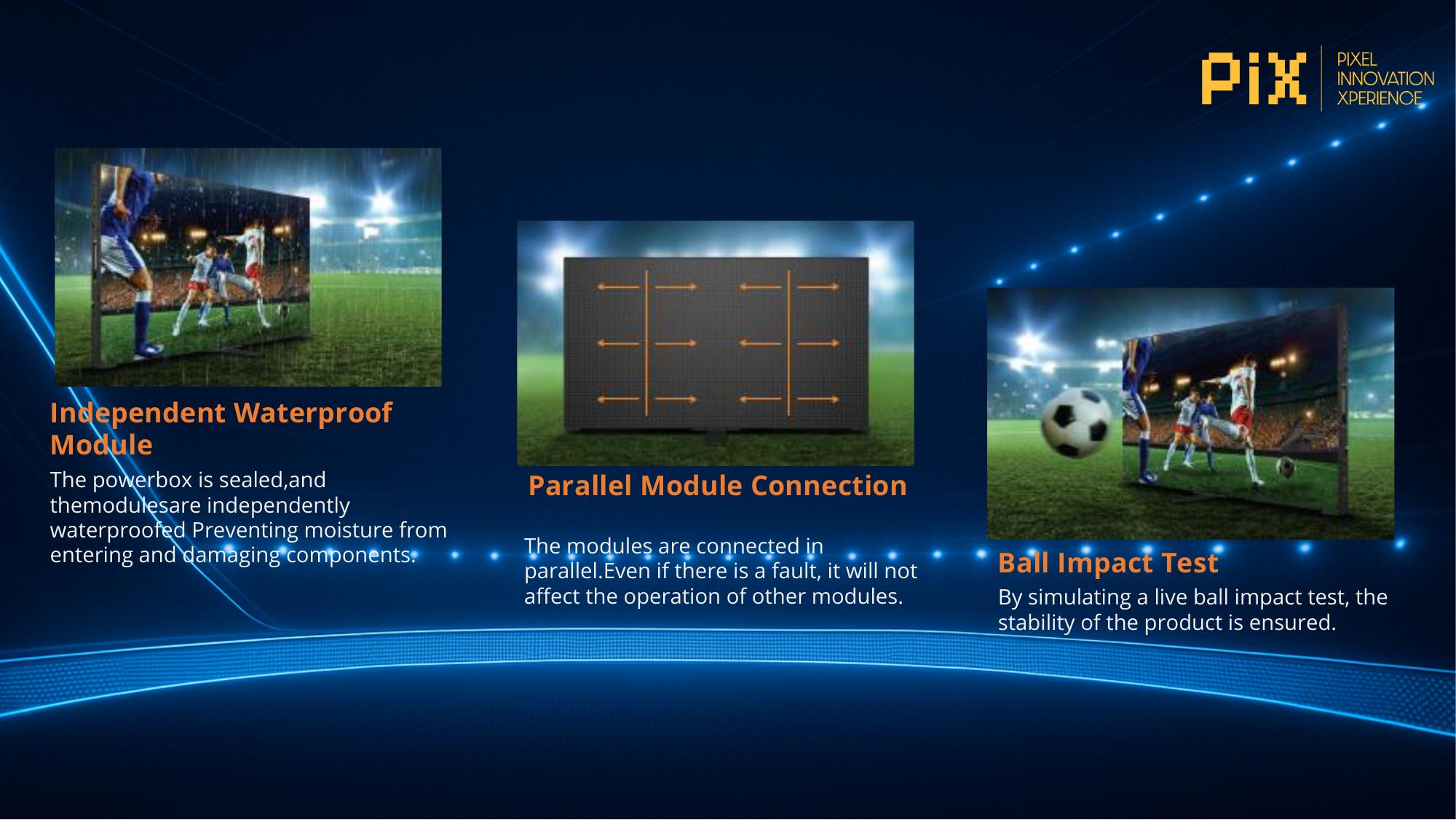 Stability – waterproof modules, parallel connection, ball impact test